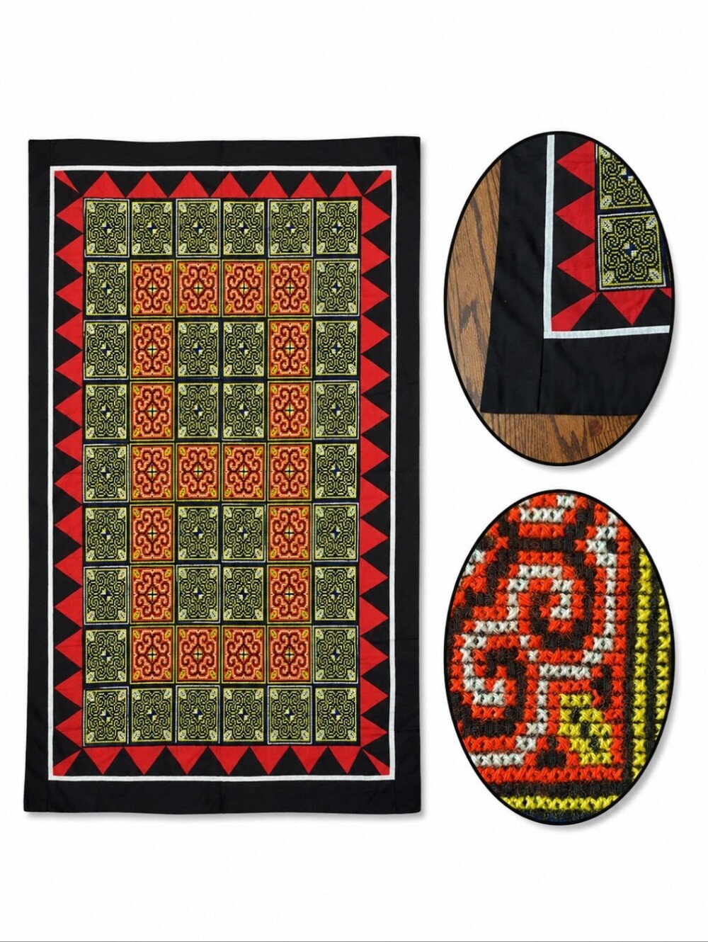 Hand made needlepoint colorful black/ red/yellow Exquisite Luxury quilt runner